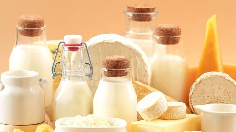 Assortment of dairy products including milk bottles, cheese varieties, butter, and cream on a light background.