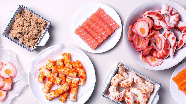 Vegan plant based fish and seafood, food reducing carbon footprint