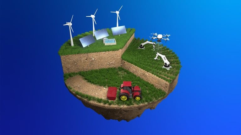 Circle of land divided into three parts, with one third a renewables farm with solar panels and windmills, one third a row of crops with drones and advanced technology, and one third a tractor harvesting crops.