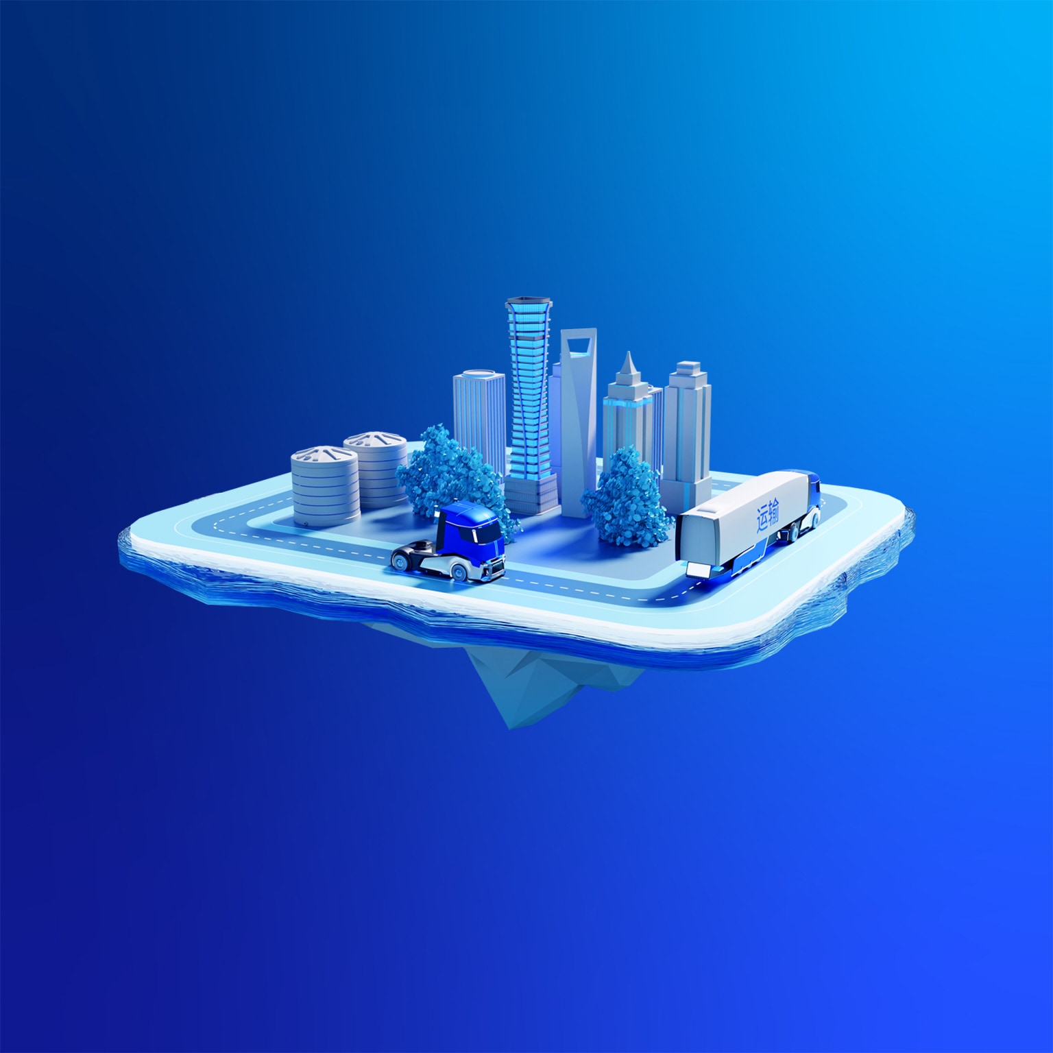 Illustration of trucks driving around Chinese city.