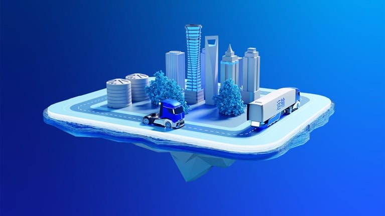 Illustration of trucks driving around Chinese city.