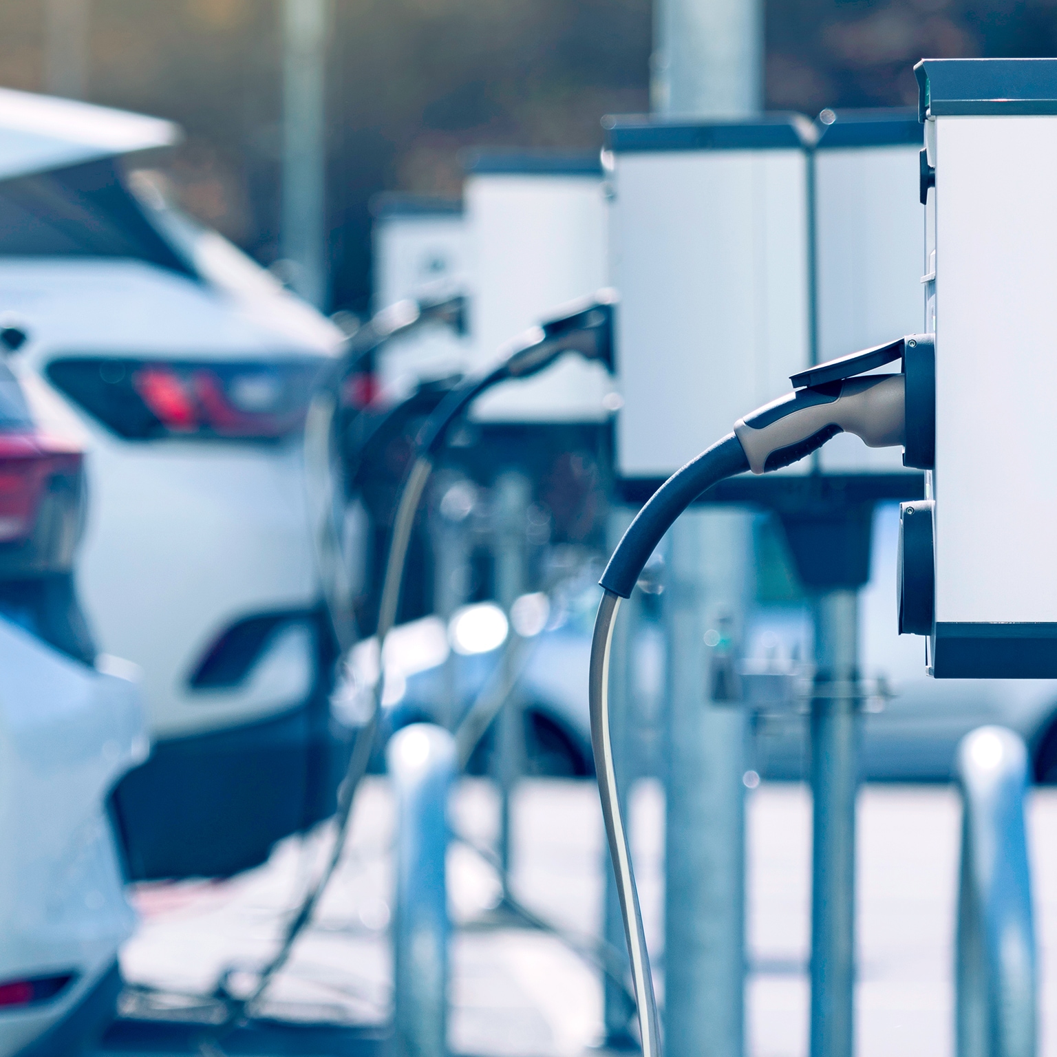 Charging stations for electric cars at a parking lot
