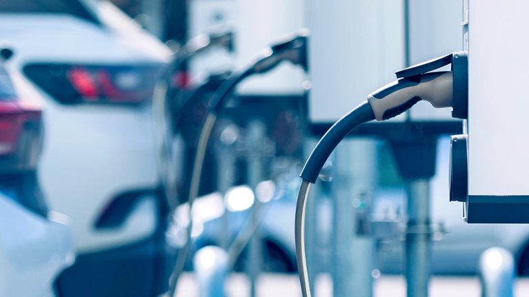 Charging stations for electric cars at a parking lot