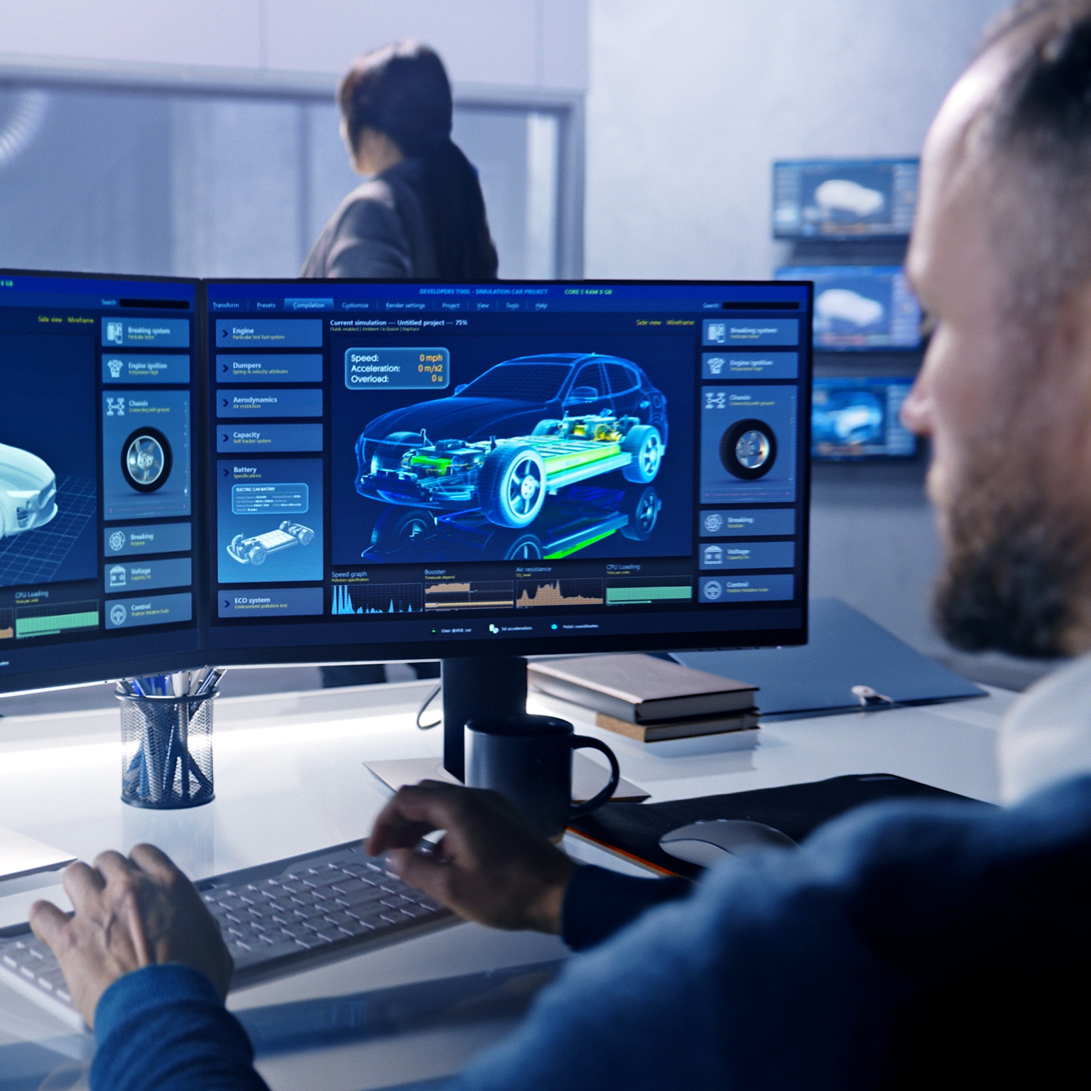 Engineers check aerodynamics of electric car on computer screen - stock photo