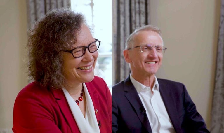 Image of Antje Völker and Martin Dürr smiling in an interview.