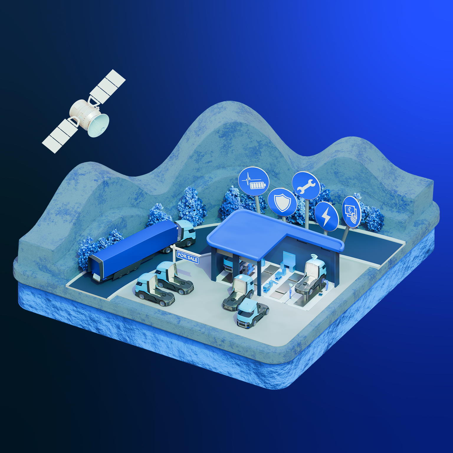 This 3D isometric illustration depicts an eco-friendly commercial truck charging and service hub, complete with electric heavy-duty trucks, charging stations, and connectivity symbols.