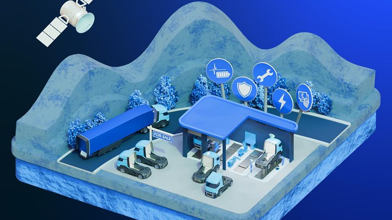 This 3D isometric illustration depicts an eco-friendly commercial truck charging and service hub, complete with electric heavy-duty trucks, charging stations, and connectivity symbols.