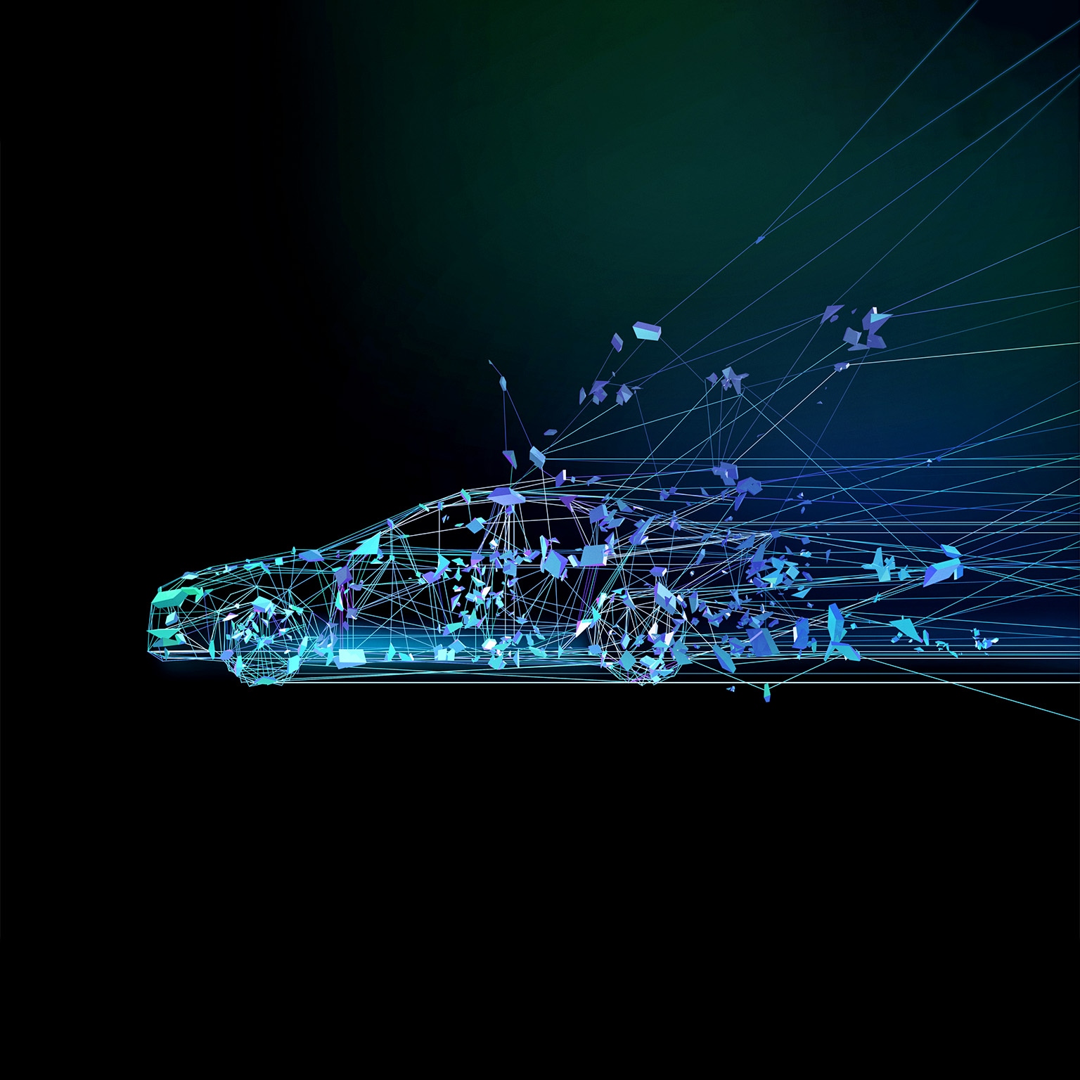 Image of a digital polygon line car with 3d shapes trailing off it.