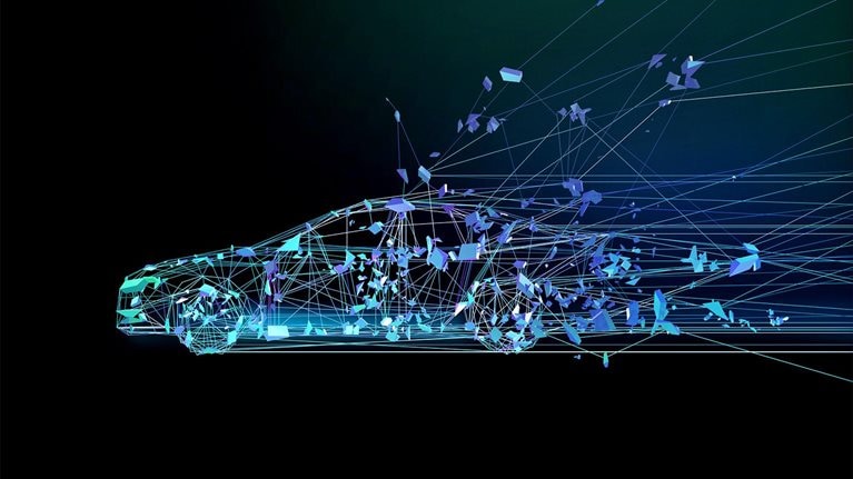 Image of a digital polygon line car with 3d shapes trailing off it.