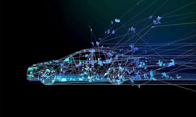 Image of a digital polygon line car with 3d shapes trailing off it.