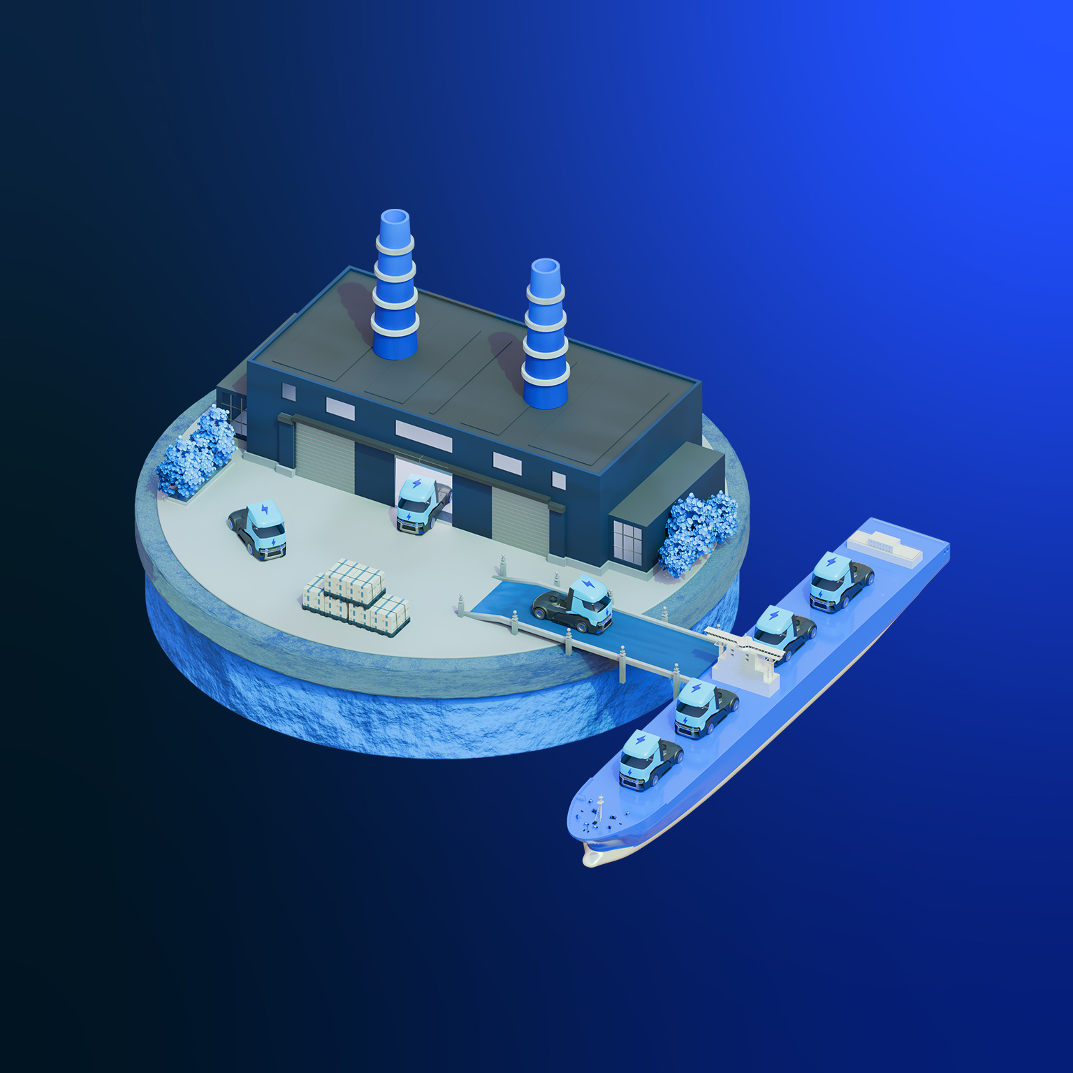 The image shows an isometric 3D illustration of an industrial manufacturing facility on a circular island with a docked cargo ship being loaded by trucks.