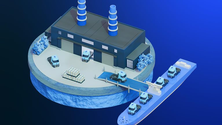 The image shows an isometric 3D illustration of an industrial manufacturing facility on a circular island with a docked cargo ship being loaded by trucks.