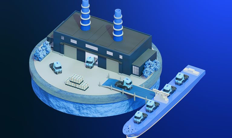 The image shows an isometric 3D illustration of an industrial manufacturing facility on a circular island with a docked cargo ship being loaded by trucks.