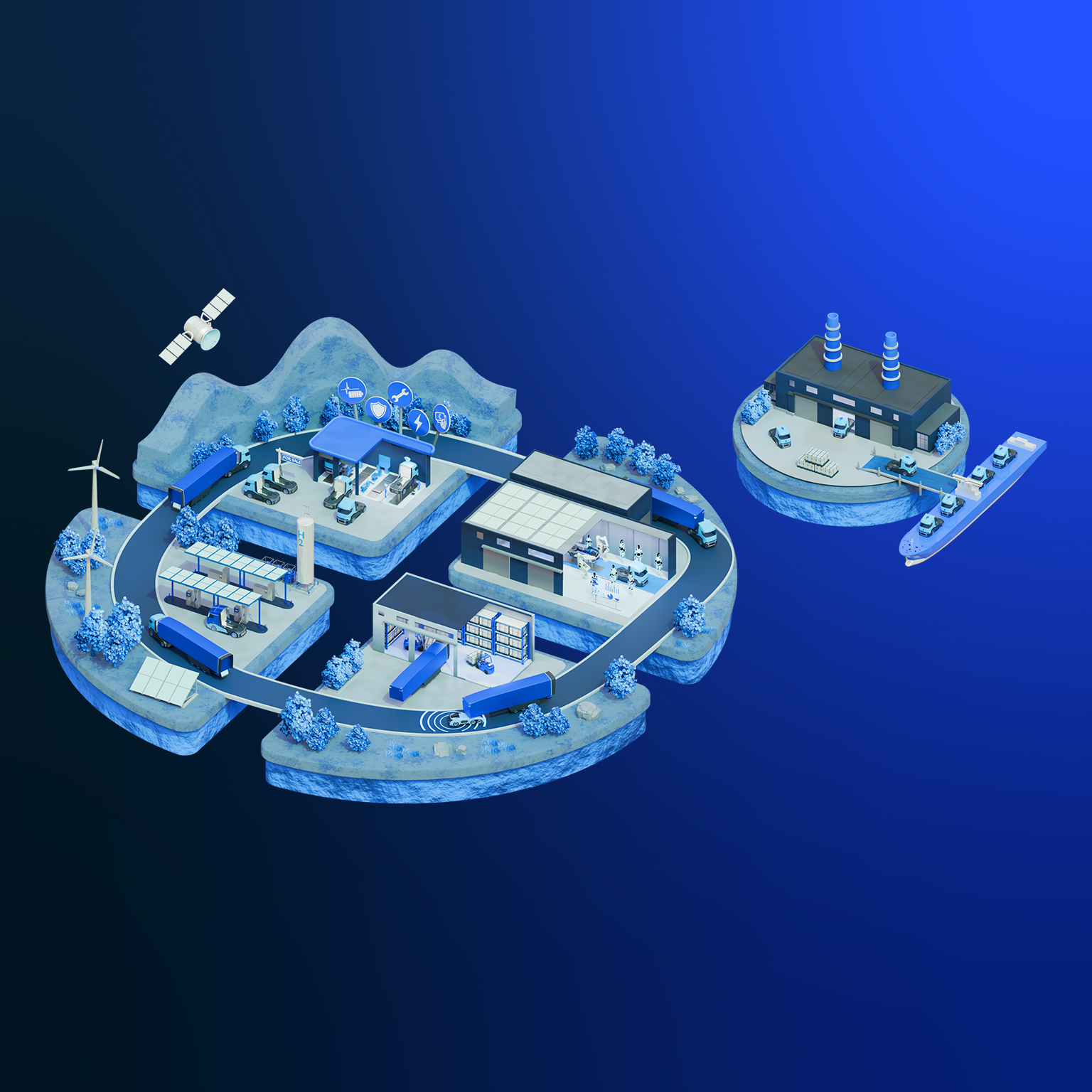 The image shows a 3D isometric illustration of a green energy and smart logistics hub featuring electric trucks, charging stations, a wind turbine, solar panels, and a shipping dock.