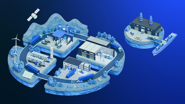 The image shows a 3D isometric illustration of a green energy and smart logistics hub featuring electric trucks, charging stations, a wind turbine, solar panels, and a shipping dock.