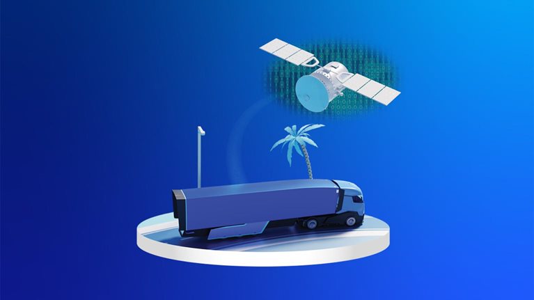 Illustration truck driving on road with satellite overhead