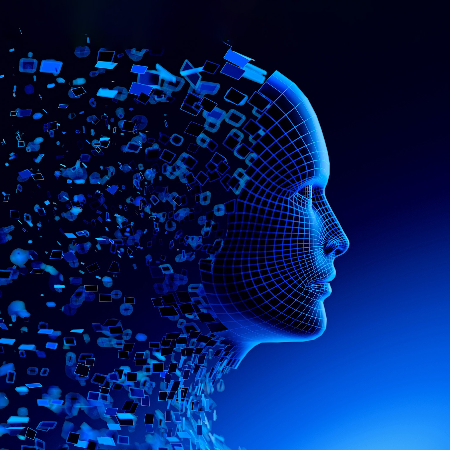 Illustration of the profile view of a blue wireframe human head with digital cubes floating away from it