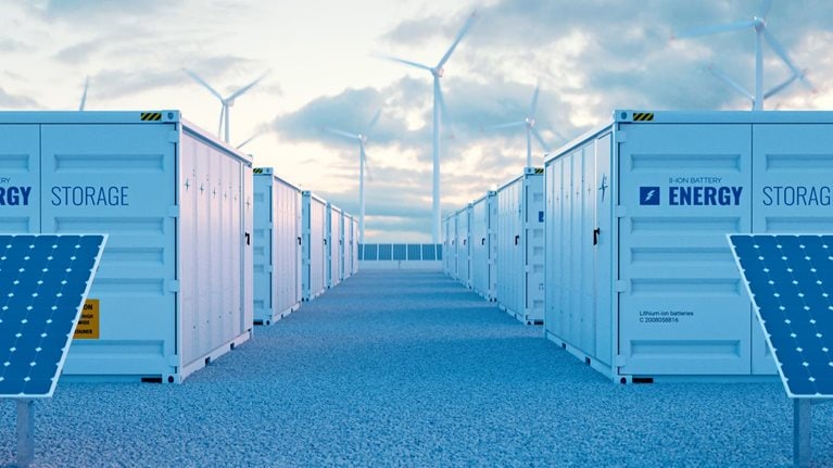 Battery storage power station accompanied by solar and wind turbine power plants.