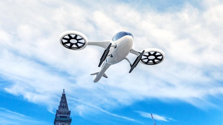 Modern electric ecological eVTOL aircraft from below