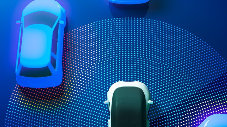 3d image of an autonomous driving car with sensor dots extending out from it