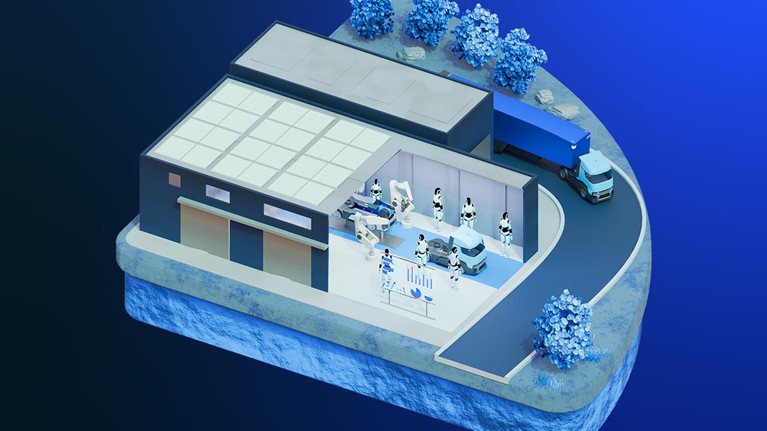 The image shows an isometric 3D illustration of an automated manufacturing and supply chain facility in blue tones, depicting the production and distribution workflow.