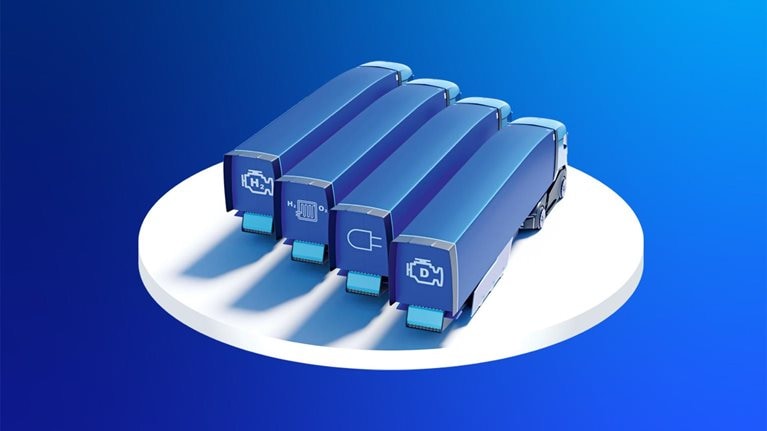 Illustration of parked trucks charging their electric batteries