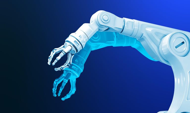 Robotic arm and network with futuristic UI data