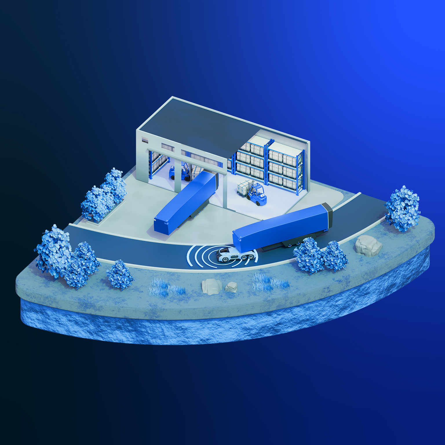 The image shows an isometric 3D illustration of an automated logistics warehouse with a smart delivery truck and autonomous vehicle.