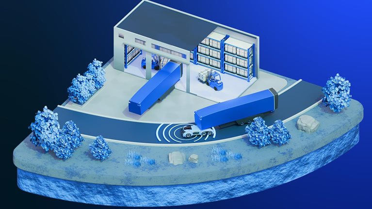 The image shows an isometric 3D illustration of an automated logistics warehouse with a smart delivery truck and autonomous vehicle.
