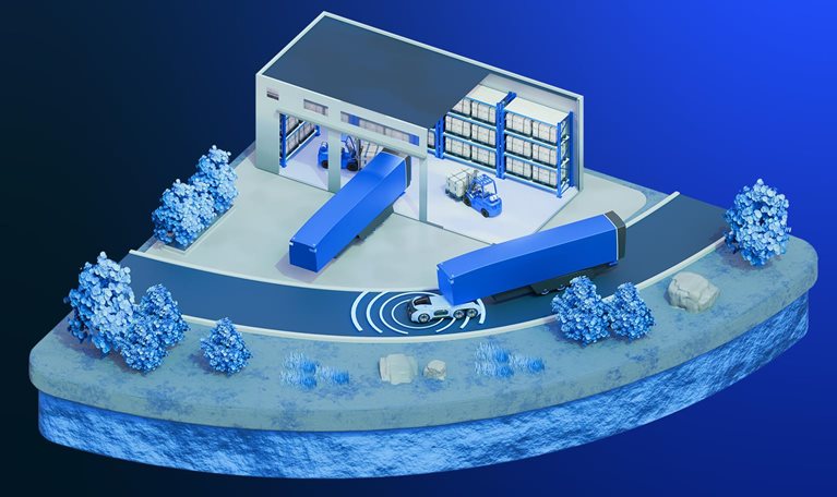 The image shows an isometric 3D illustration of an automated logistics warehouse with a smart delivery truck and autonomous vehicle.
