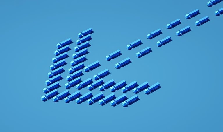 3D rendering of multiple semi trucks create the shape of an arrow against a blue background.