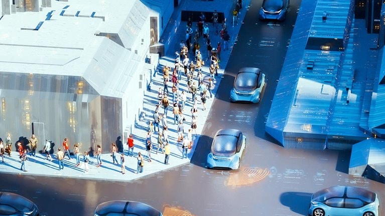 Aerial view of CGI futuristic city