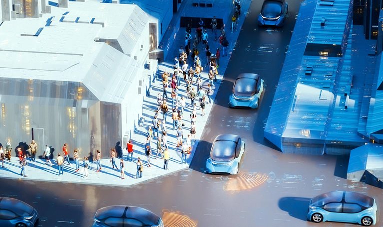 Aerial view of CGI futuristic city