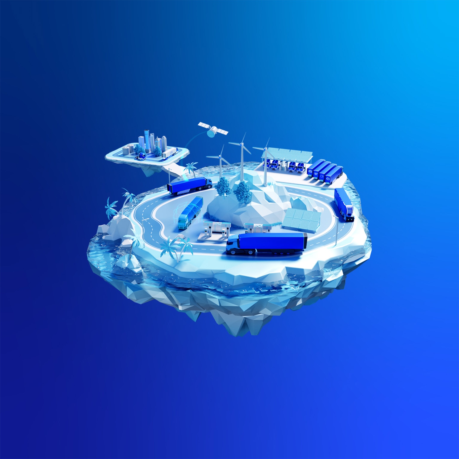 Illustration of trucks traveling around a road powered by various sustainable energy sources