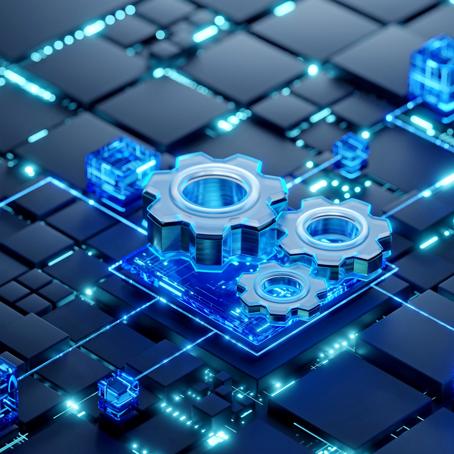 Glowing gears connected across a digital network of illuminated blocks and circuits.