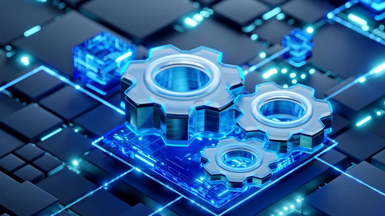 Glowing gears connected across a digital network of illuminated blocks and circuits.