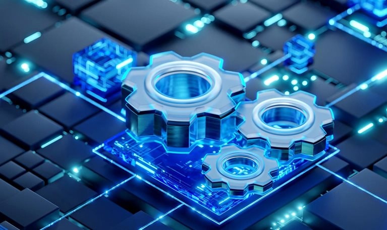 Glowing gears connected across a digital network of illuminated blocks and circuits.