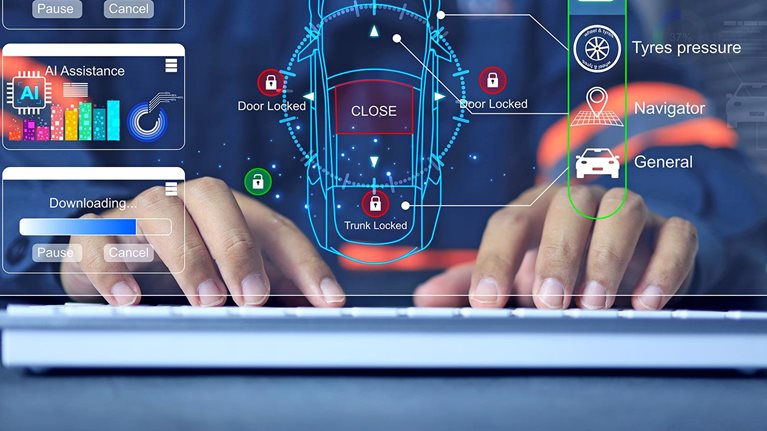 A glass, digital computer screen showing a basic design of an electric car vehicle. The drawing indicates the user is currently selecting the 'charging' icon