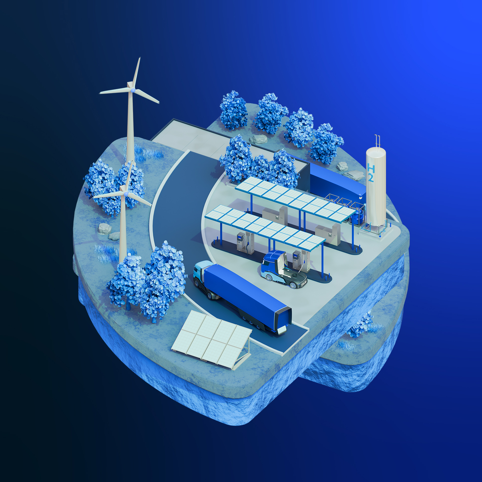 The image shows a 3D isometric illustration of a green energy refueling station featuring hydrogen storage, wind turbines, and solar panels servicing a zero-emission truck.