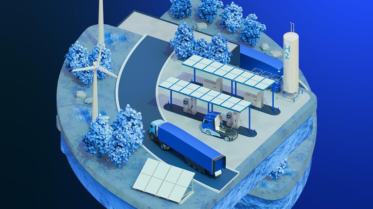 The image shows a 3D isometric illustration of a green energy refueling station featuring hydrogen storage, wind turbines, and solar panels servicing a zero-emission truck.