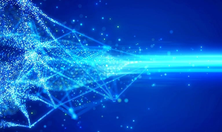 Light blue digital light points and beams against a dark blue background indicating network data transfer speed