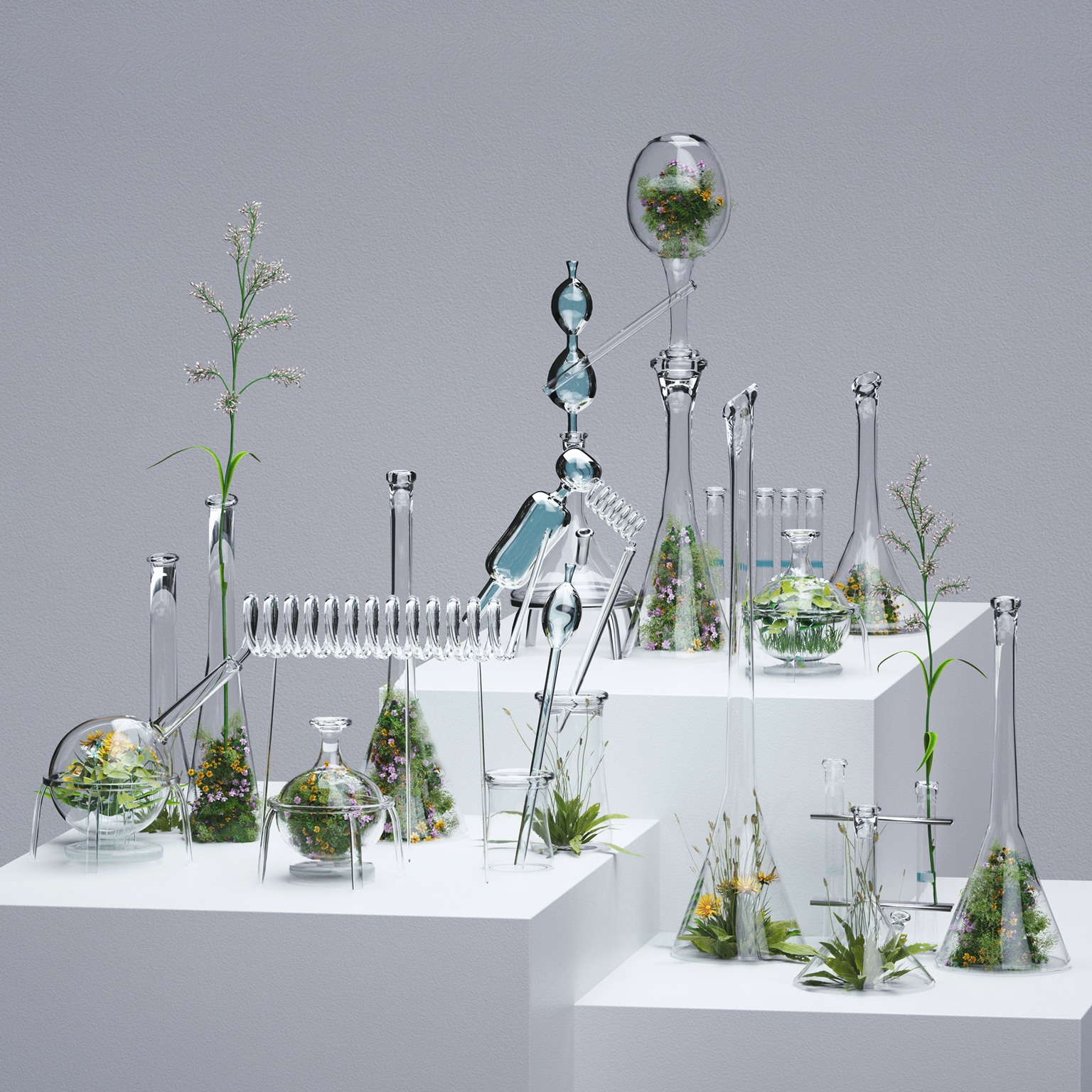 Digital generated image of glass transparent test tubes filled with grass and flowers standing on grey cube against grey background