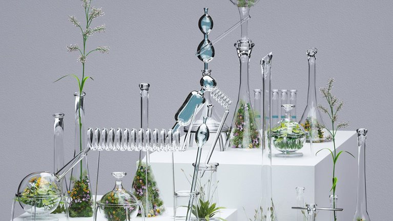Digital generated image of glass transparent test tubes filled with grass and flowers standing on grey cube against grey background