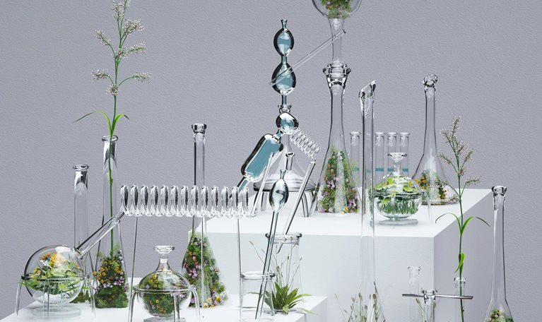 Digital generated image of glass transparent test tubes filled with grass and flowers standing on grey cube against grey background