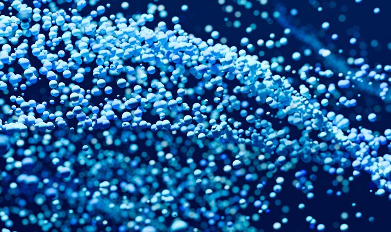 Abstract background with many blue and cyan spheres floating and flowing on a dark blue background, creating a sense of depth and motion