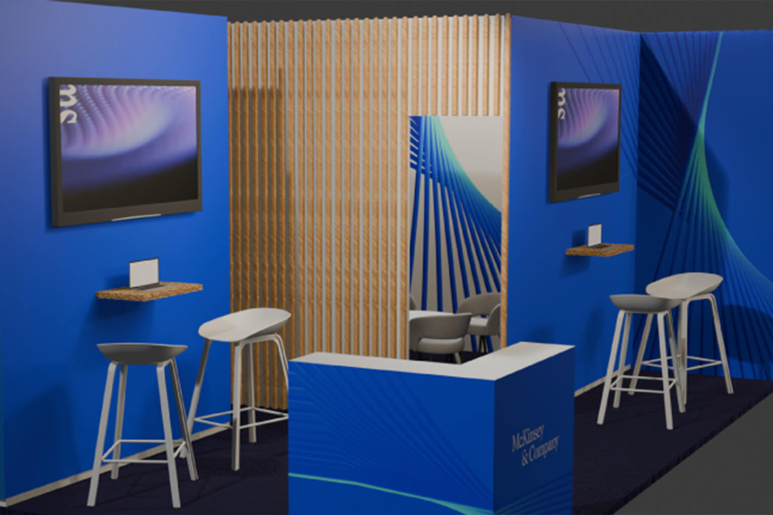 This image shows a modern corporate booth designed for a business event.