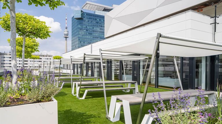 This image shows the Rooftop Terrace at the Austria Center Vienna, designed for networking and outdoor events.