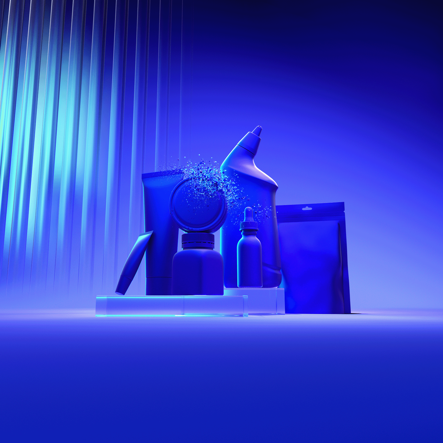 Several solid blue, unlabeled product containers are arranged on a glowing platform in front of a blue background with a vertically ribbed, lit panel.