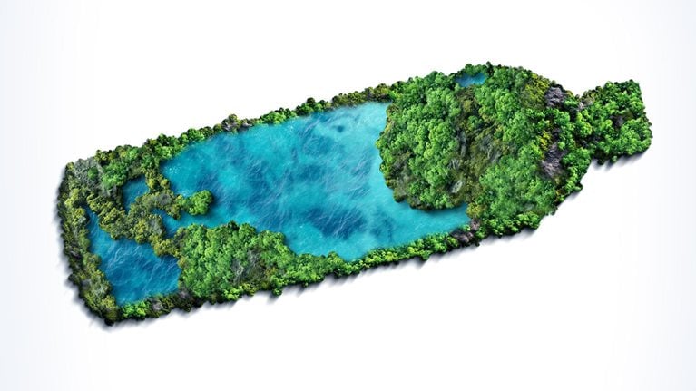 Green cover and blue waters in the shape of a bottle