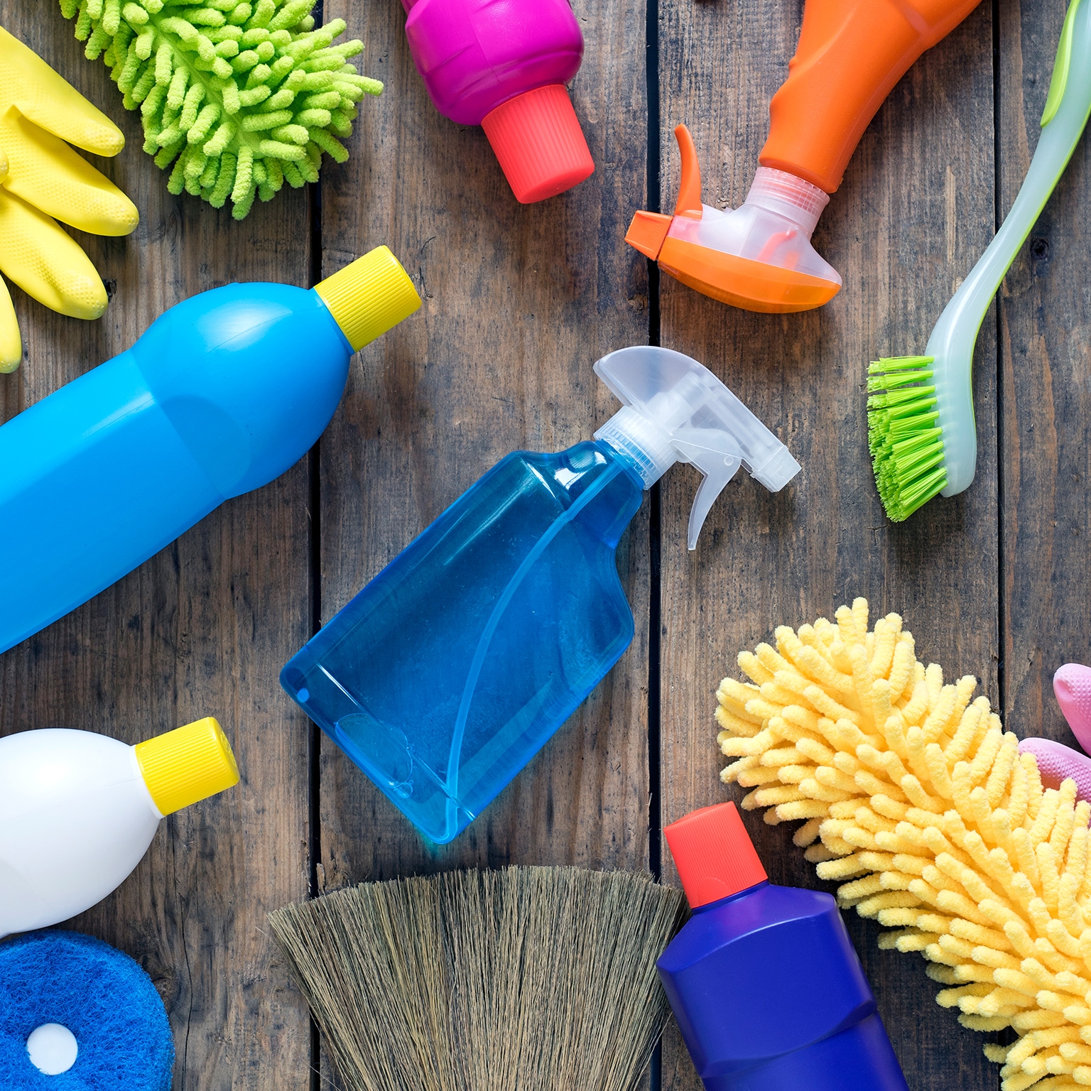 Close-up of small house cleaning supplies